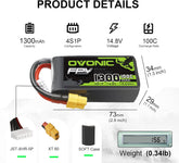 4S LiPo Battery 1300mAh 14.8V 100C – XT60 Connector, 2-Pack for RC FPV Racing Drones